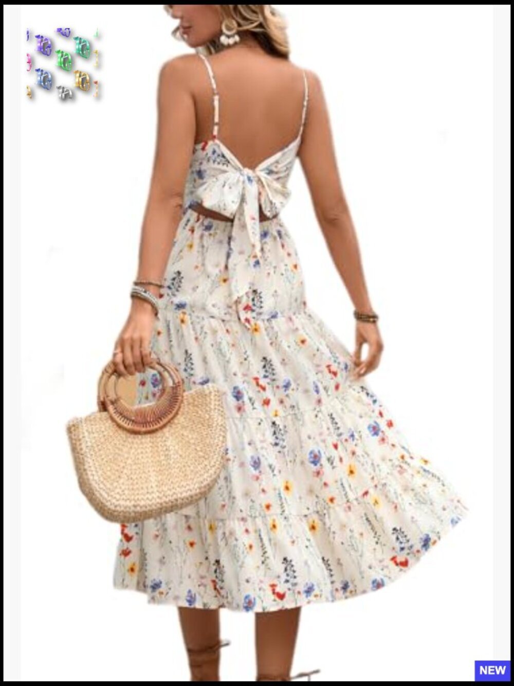 Boho Floral V-Neck Sleeveless A-Line Summer Beach Dress High Waist Flowy - Picture 4 of 5